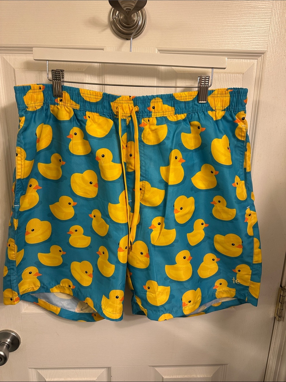 Tipsy Elves Teal Swim Trunks with Yellow Duck Print